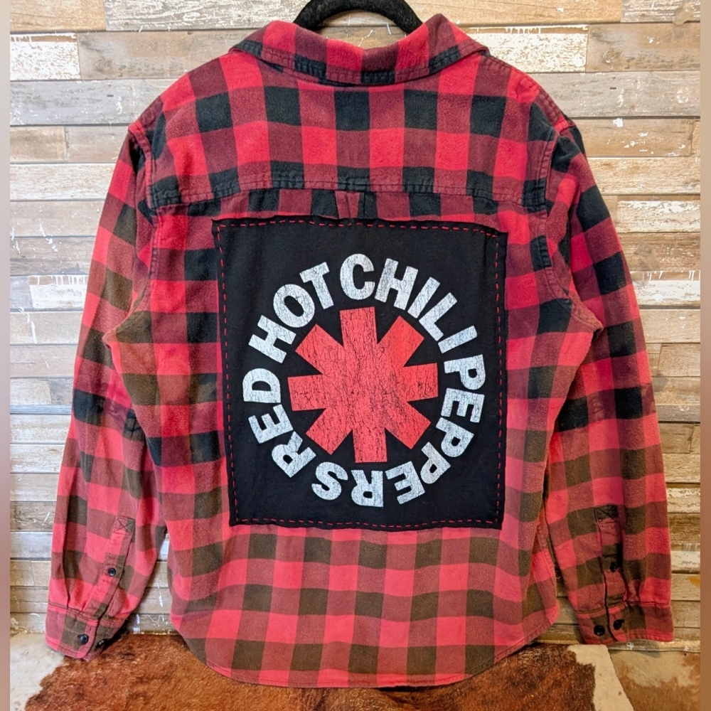 Red Hot Chili Peppers Upcycled Dip Dye Bleached Flannel Shirt
